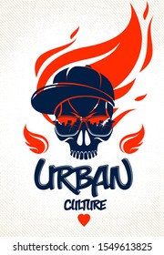 Urban culture style skull in sunglasses vector logo or emblem, gangster or thug illustration, anarchy chaos hooligan, ghetto theme.