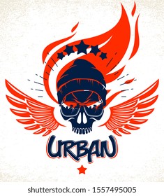 Urban culture style skull in sunglasses vector logo or emblem, gangster or thug illustration, anarchy chaos hooligan, ghetto theme.