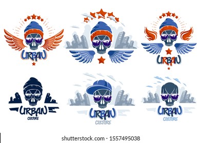 Urban culture style skull in sunglasses vector logos or emblems set, gangster or thug illustrations, anarchy chaos hooligan, ghetto theme.