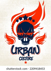 Urban culture style skull in sunglasses vector logo or emblem, gangster or thug illustration, anarchy chaos hooligan, ghetto theme.