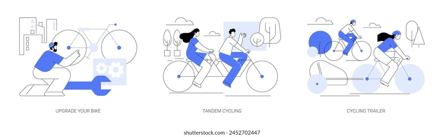 Urban cycling isolated cartoon vector illustrations set. Hipster man fix bike, professional repair, happy couple riding tandem bike together, family travel with kid in trailer vector cartoon.