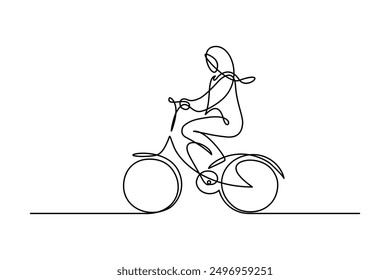 Ciclista Urbana en estilo de dibujo de líneas continuas. Mujer montando bicicleta de la ciudad negro boceto lineal aislado sobre fondo blanco. Ilustración vectorial