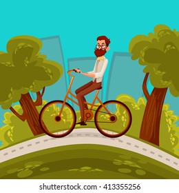 Urban cyclist, hipster guy with a beard riding a bike around city park, vector cartoon illustration.  man moves through city on a bicycle sport, recreation and tourism, hipster glasses