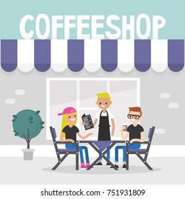 Urban daily life. Restaurant visitors. Two characters ordering food and drinks in a coffee shop, flat editable vector illustration, clip art