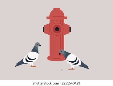 Urban daily scene, two pigeons walking next to a red fire hydrant