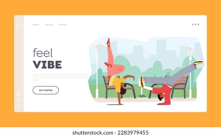 Urban Dance Culture Landing Page Template. Energetic Street Dancer Characters Caught In Motion, Displaying Impressive Body Control, Rhythm, And Style, Music Concept. Cartoon People Vector Illustration