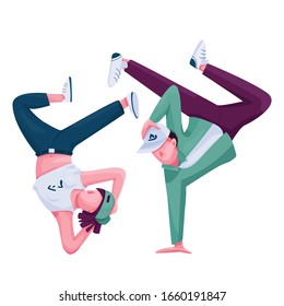 Bailarines urbanos de color plano vectorial caracter sin rostro. Espectáculo de breakdance, b boying show. Artistas de danza contemporánea del hip hop ilustraciones de caricaturas aisladas para diseño gráfico web y animación