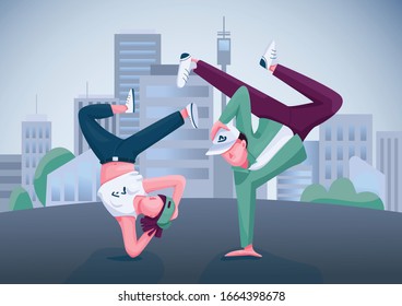 Bailarines urbanos ilustraciones vectoriales de color plano. Artistas de danza contemporánea de hip hop, personajes de dibujos animados en 2D. Desempeño de ruptura, b espectáculo de boicot con el moderno paisaje urbano en segundo plano
