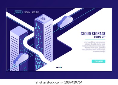 Urban data city, cloud storage concept, server room rack, data center, database, bigdata processing isometric vector