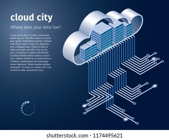 Urban data city, cloud storage concept, server room rack, data center, database, bigdata processing isometric vector