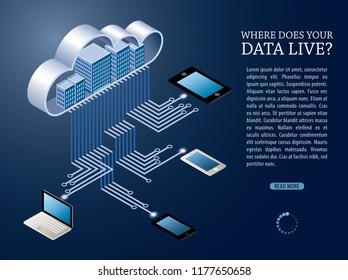 Urban data city, cloud storage concept, server room rack, data center, database, bigdata processing isometric vector