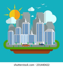 Urban  day city landscape. Small town flat design style, vector illustration. Includes big business, buildings, trees, street with walking, skyscrapers. 
