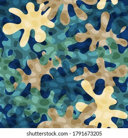 Urban decorative camouflage pattern background seamless. Cool fancy styled clothing masking camo repeat print. Coast sand and sea water colors camo texture vector illustration