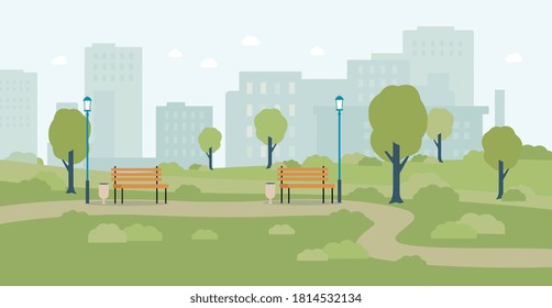 An urban deserted public park with trees, wooden benches, lanterns and city buildings in the background. Green park in spring or summer. Vector flat illustration.