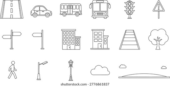 Urban design icons set with vehicles buildings infrastructure symbols