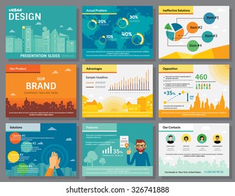 Urban design of infographics presentation slides template with flat illustrations of city buildings, world map, diagrams and circle percentage chart