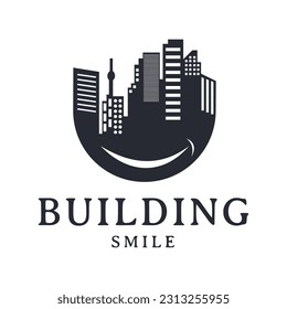 Urban design inspiration for a U-shaped tall building with a smile. Real estate logo. Design illustration, template, city symbol