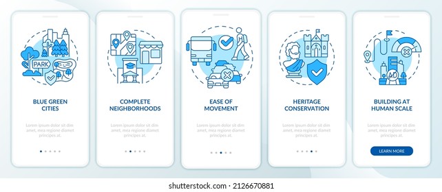 Urban design principles blue onboarding mobile app screen. City growth walkthrough 5 steps graphic instructions pages with linear concepts. UI, UX, GUI template. Myriad Pro-Bold, Regular fonts used