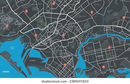 Urban detailed black and white map, vector illustration of city map with beach port