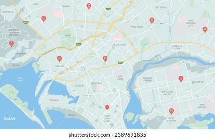 Urban detailed map, vector illustration of city map with beach port