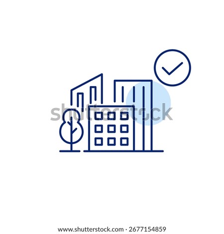 Urban development and checkmark. Approved green city, verified housing safety inspection. Pixel perfect, editable stroke vector icon