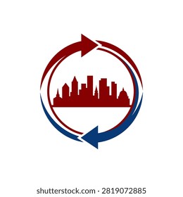 Urban development logo showing city silhouette and circular flow symbols.