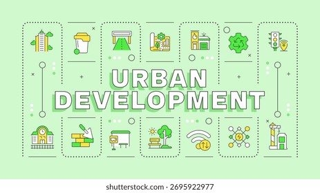 Urban development mint green word concept. Urbanization technology integration. Smart city. Typography banner. Vector illustration with title text, editable icons color