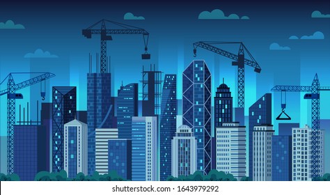 Urban development. Night construction cranes, modern city building and cityscape cartoon vector illustration. Evening view of megalopolis street with skyscrapers. Real estate in residential area.