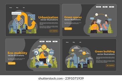 Urban development set. Cities evolving with growing populations. Green spaces for relaxation, eco-friendly transportation means, and sustainable buildings. Eco innovations, urban planning. Flat vector