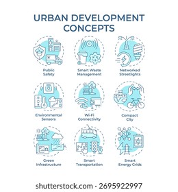 Desenvolvimento urbano soft ícones de conceito azul. Integração da estratégia de urbanização. Gestão inteligente da cidade. Inovações. Pacote de ícones. Imagens vetoriais. Ilustrações de forma redonda para folheto. Ideia abstrata