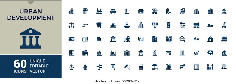 Urban development solid icons set. Related to building, constraction, hospital, cityscape, company and more. Editable filled flat icon collection. Vector illustration.