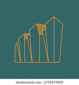 A urban development theme featuring a city architectural emblem in a structured Art Deco design. This vector illustration showcases a balanced metropolitan landscape layout with clean stepped lines, geometric building silhouettes, and sharp linear symmetry. Inspired by the industrial growth and civil engineering aesthetics of the roaring 20s and 1930s Gatsby era, the artwork combines a rich teal background with precise metallic golden details. Suitable for real estate corporate branding, municipal identity projects, modern town planning logo assets, or classic corporate insignia.
