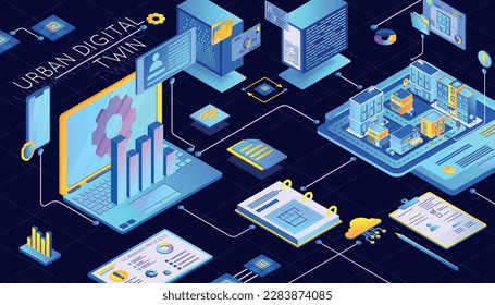 Urban digital twin technology process of create city model isometric background 3d Vektorgrafik