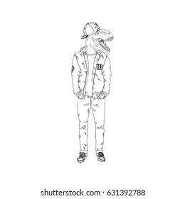 urban dino dressed up in bomber jacket, furry art illustration, fashion animals