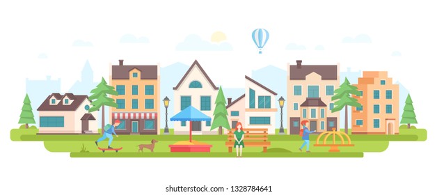 Urban district - modern flat design style vector illustration on white background. Lovely housing complex with small buildings, cafe, lanterns, nice playground, skater boy, woman sitting on a bench