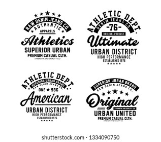 Urban district typography designs, badges set for t-shirt print and other uses. Varsity style design graphics.