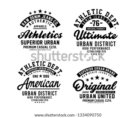 Urban district typography designs, badges set for t-shirt print and other uses. Varsity style design graphics.