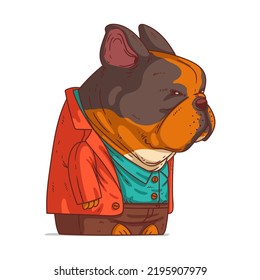 An Urban Dog, isolated vector illustration. Cartoon picture of a serious French bulldog wearing a suit. Drawn animal sticker. An anthropomorphic dog on white background. A dressed animal. A citizen