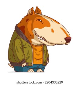 An Urban Dog, isolated vector illustration. Cartoon picture of a smiling Bull Terrier wearing a casual outfit. Drawn animal sticker. An anthropomorphic dog on white background. Trendy dressed animal