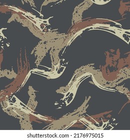 Urban Dry Brush Smear Camouflage Background. Modern Fashion Design. Camo Military Protective. Army Uniform Texture. Grunge Stroke Pattern. Black Fashionable Fabric Print. Vector Seamless Wallpaper