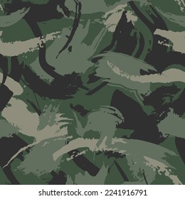 Urban dry brush smear camouflage background. Modern fashion design. Camo military protective. Army uniform texture. Grunge stroke pattern. Khaki fashionable fabric print. Vector seamless wallpaper