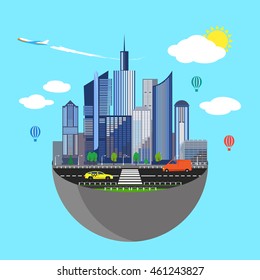 Urban earth concept. Vector illustration for global design. Flat cartoon style. City building planet. Skyscraper world on blue sky background. Real estate city infrastructure. Modern district scene