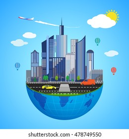 Urban earth concept. Vector illustration for global design. Flat cartoon style. City building planet. Skyscraper world on blue sky background. Real estate city infrastructure. Modern district scene