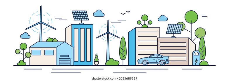 Urban Eco Friendly Landscape. City With Solar Panel, Electric Car And Windmills. Alternative Methods Of Obtaining Energy And Taking Care Of Nature. Cartoon Flat Vector Illustration On White Background