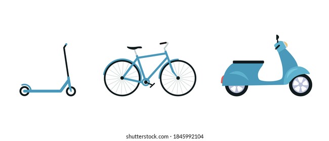 Urban eco transport set. Scooter, bicycle, moped isolated on white. Environmentally friendly vehicles. Vector illustration