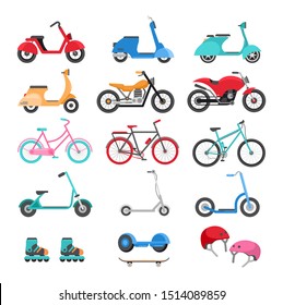 Urban eco transport vector illustrations set. Summer activities concept. Scooters, bicycles, roller-skates, skateboard, helmet cartoon cliparts pack. Environmentally friendy vehicles. Active rest idea