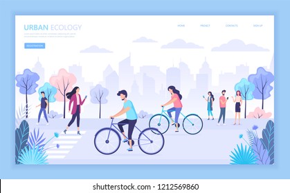 Urban ecology city street vector illustration. People walking in the city park