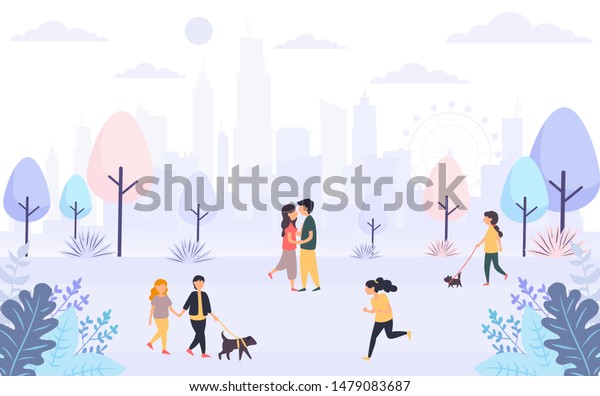 Urban ecology city street\
vector illustration. People walking in the city park. Vector\
illustration.