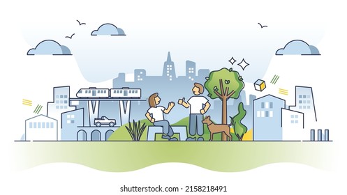 Urban ecology and human relationship with nature in city outline concept. Environmental town scene with green park and modern buildings vector illustration. Sustainable residential ecosystem scene.