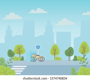 urban ecology parking bicycles transport crossroad street cityscape vector illustration